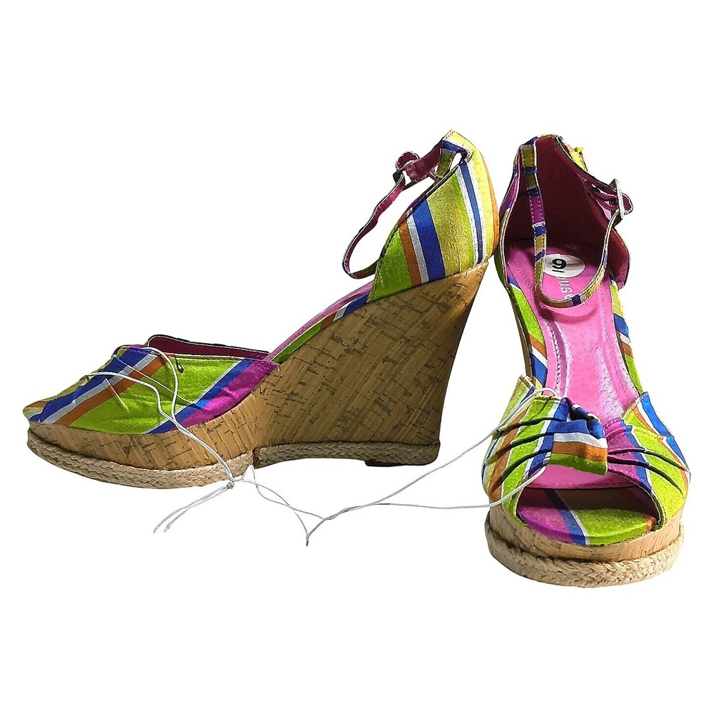 Boho Dollhouse Wedge Sandals Women 9 Multicolor Striped Cork Espadrille